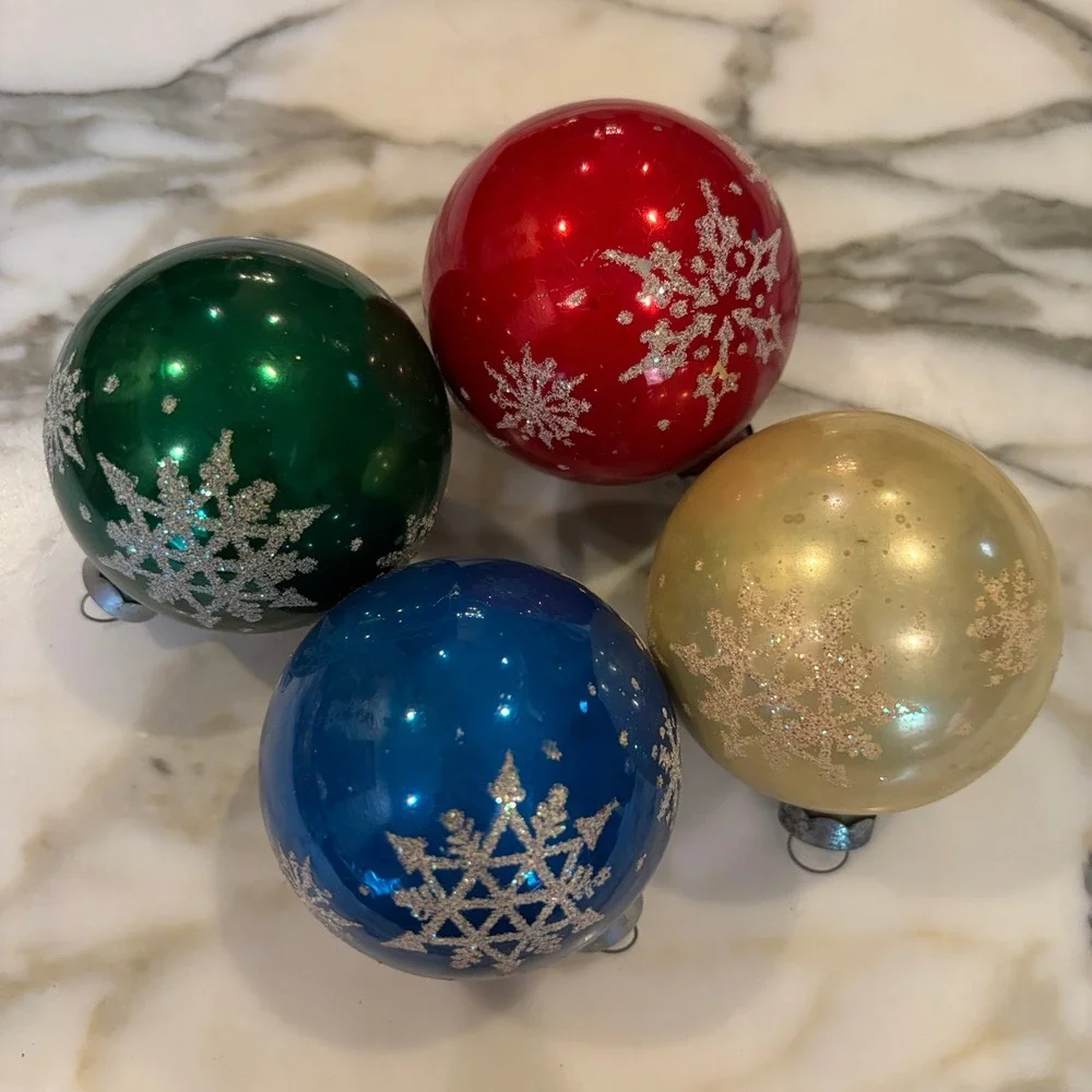 Vintage Glass Ball Ornaments Set of 4 Multicolor Snowflake Glitter MCM 2.5